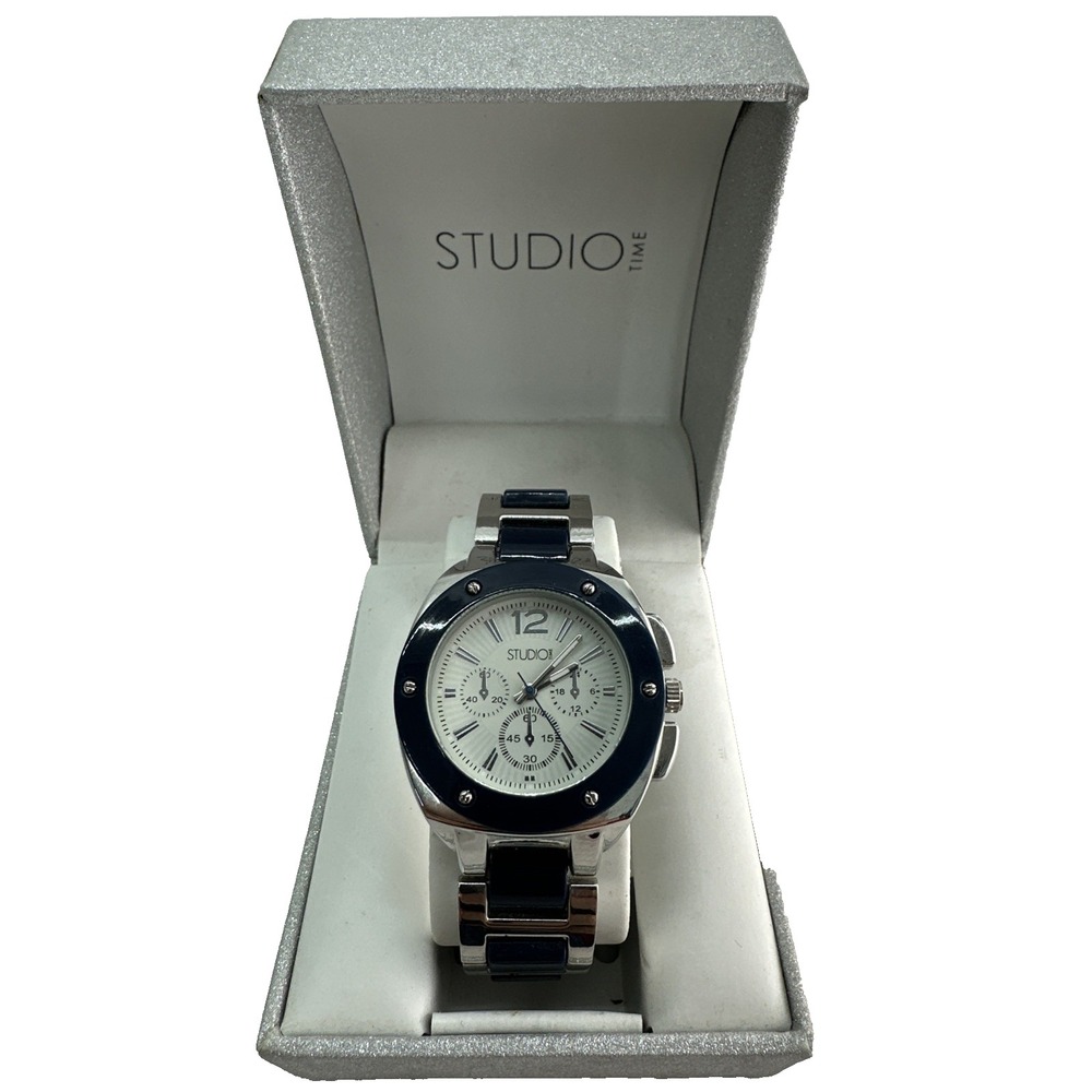 Studio Time Women's Watch Silver Tone Navy Blue Accents 40mm New Battery VG